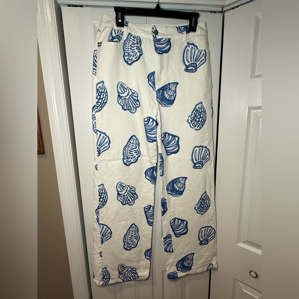 White Denim Pants with Blue Shell Print